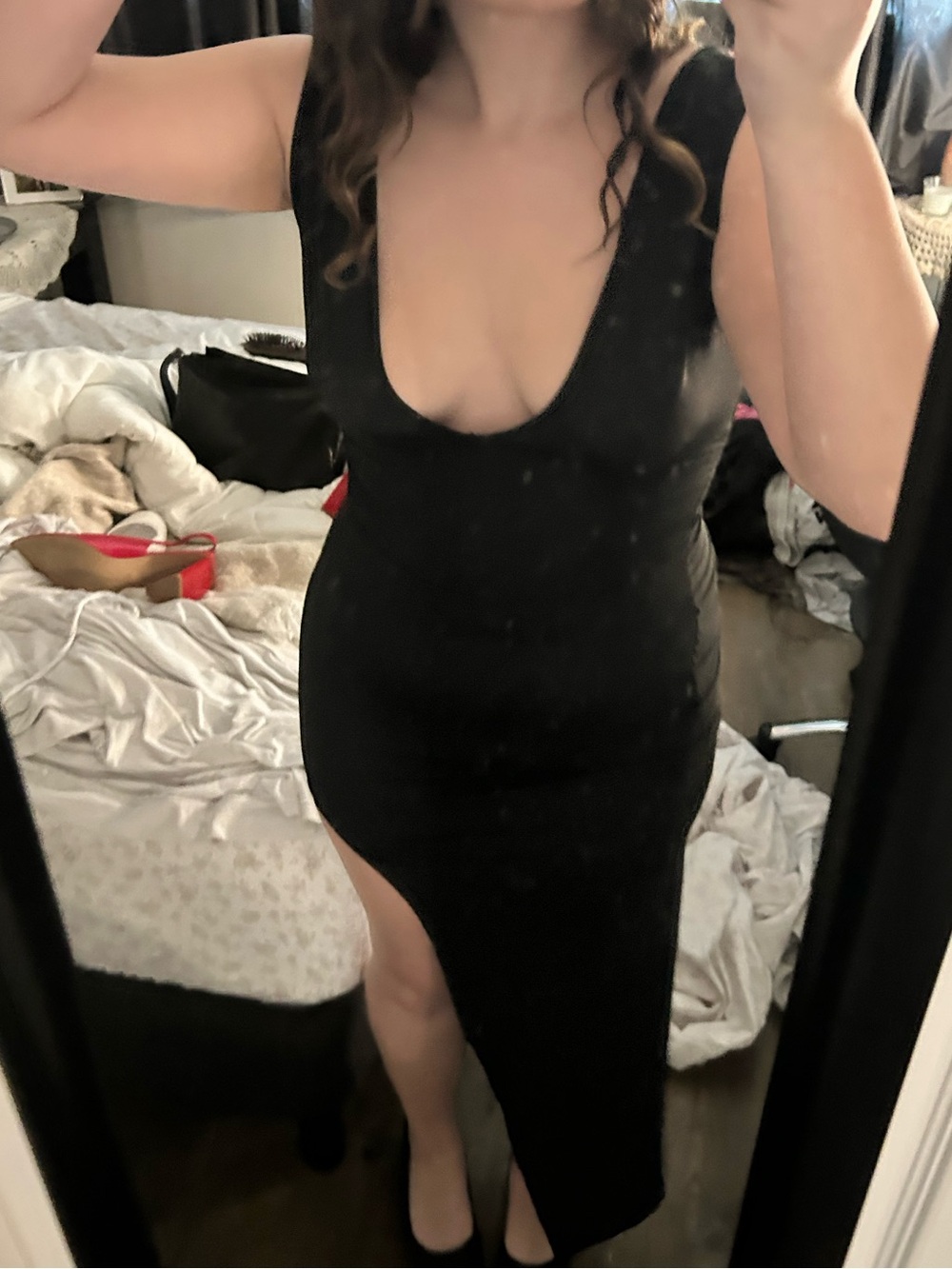 SHEIN Black Asymmetrical Bodycon Dress with Deep Scoop